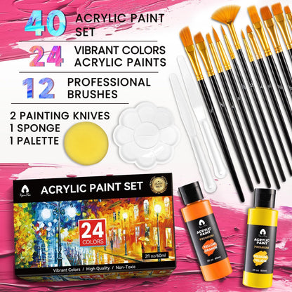 40 Pcs Acrylic Paint Set with 12 Brushes, 2 Knives & Palette - 24 Colors (2oz/60ml) for Adults, Kids, Artists & Beginners - Easter Basket Stuffers, Rock & Egg Painting Kit