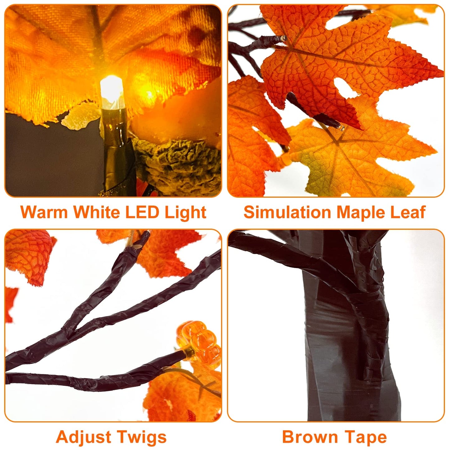 [ 2 Pack & Timer ]   24 Inch Lighted Maple Tree Fall Decor, Total 48 LED Battery Operated Tabletop Artificial Tree Design Patent Pumpkin & Acorn Thanksgiving Halloween Decoration Home Indoor