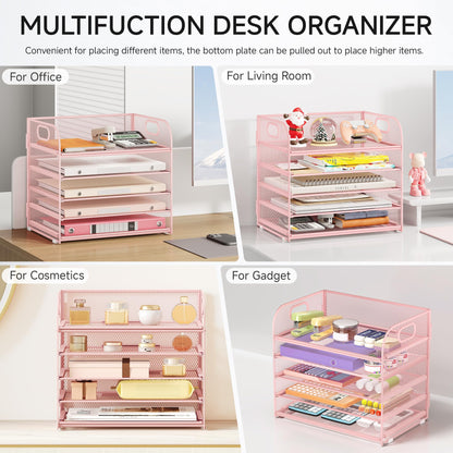 5 Tray Paper Organizer Letter Tray with Handle - Mesh Desk File Organizer, Paper Sorter Organizer for Office, Home or School File Folder Holder - Pink