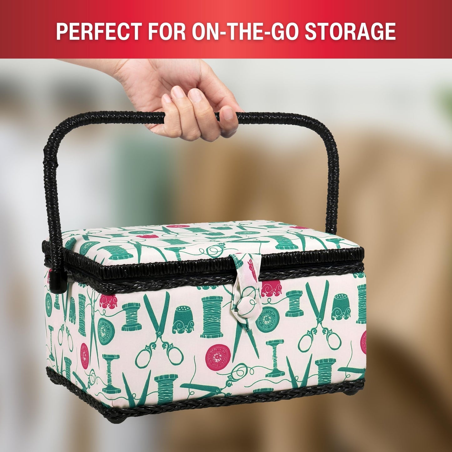 07271 Basket with Sewing Notions Kit & Removable Tray-Vintage Spools, Tan