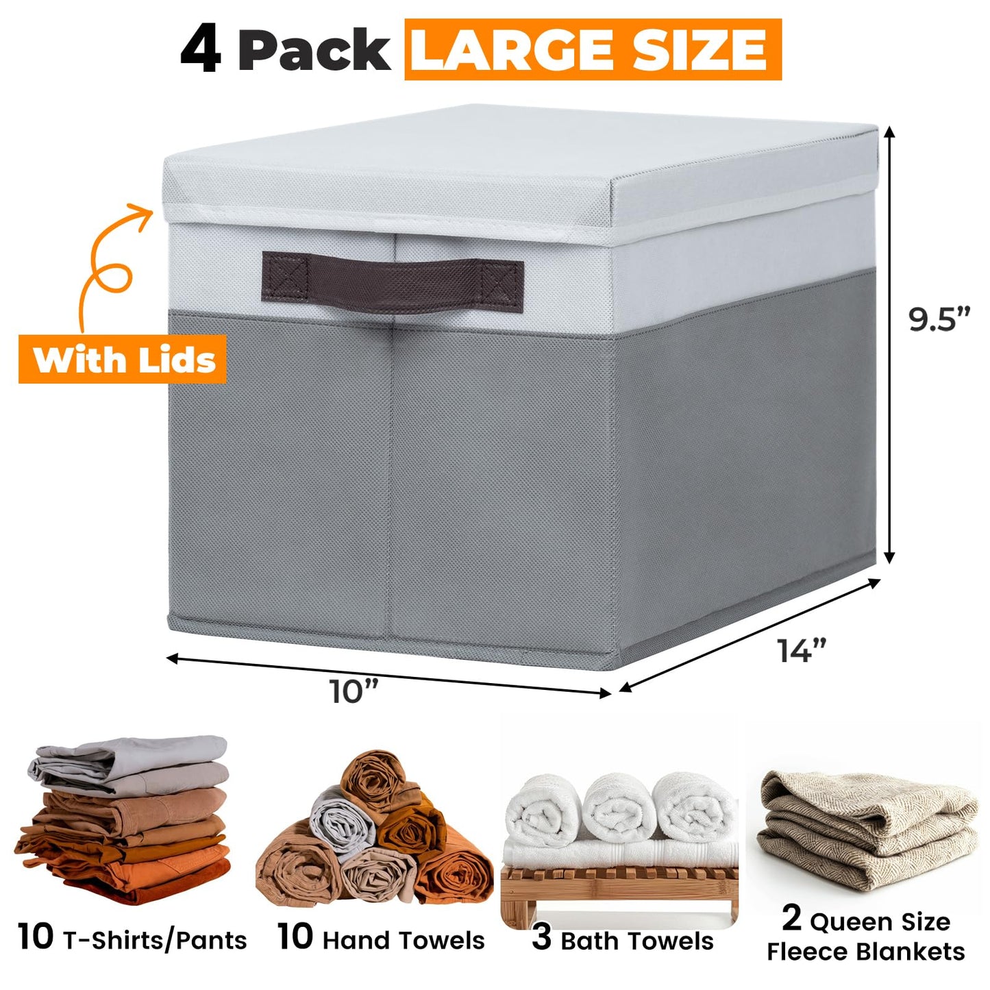 Large Storage Baskets Bins with Lids 4 Pack, Storage Baskets for Organizing Shelves Nursery Bedroom, Home Closet Organizers Cubes for Clothes Toys Blanket - Stackable & Sturdy -14x10x9.5