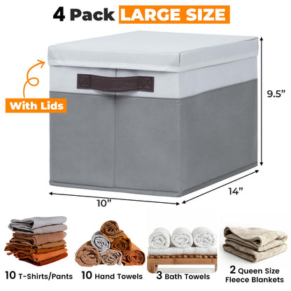 Large Storage Baskets Bins with Lids 4 Pack, Storage Baskets for Organizing Shelves Nursery Bedroom, Home Closet Organizers Cubes for Clothes Toys Blanket - Stackable & Sturdy -14x10x9.5