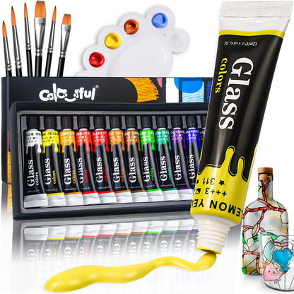 Acrylic Glass Paint Set with 6 Brushes, 1 Palette, 12 Colors Stain Glass Paints for Wine Glass, Waterproof Acrylic Enamel Paint Kit to Create Translucent Arts on Porcelain, Window & Ceramic