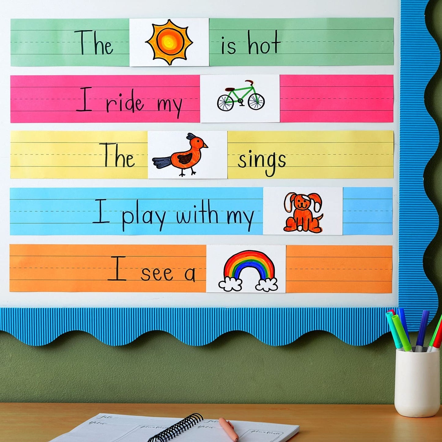 Colored Sentence Strips for Teacher Supplies, Classroom, Lined Paper Borders for Writing Words (5 Colors, 3 x 24 Inch) - 100 Pack