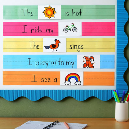Colored Sentence Strips for Teacher Supplies, Classroom, Lined Paper Borders for Writing Words (5 Colors, 3 x 24 Inch) - 100 Pack