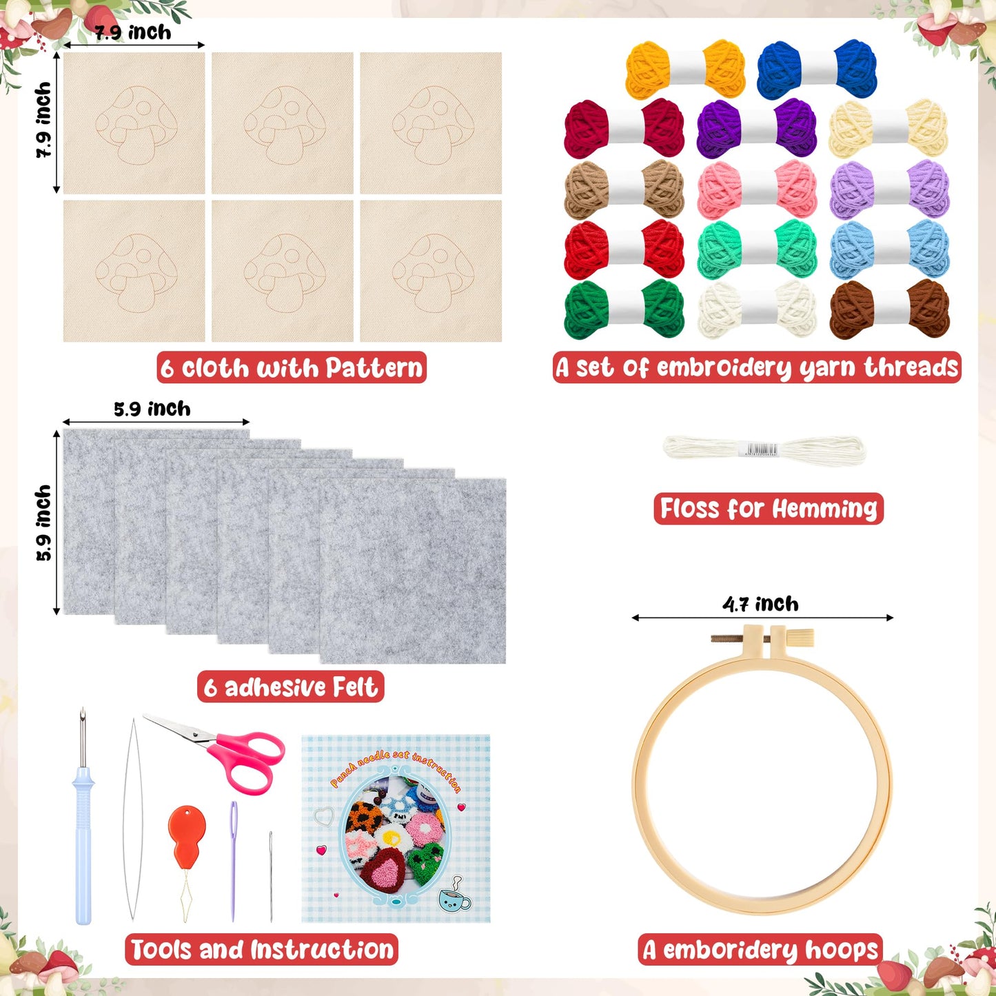 Mushroom Punch Needle Coaster Kit - 22Pcs Easy Art Work Decor Coasters Kits for Beginners, DIY Set of 6 Mushroom Pattern Tufted Rug Pads with Adhesive Felt Yarns Embroidery Hoop Instruction