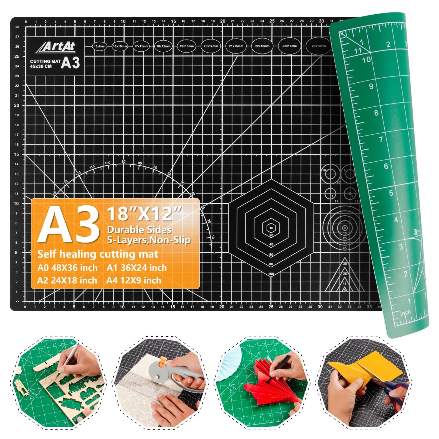 Self Healing Cutting Mat: 12inch x 18inch Double Sided 5-Ply Fabric Cutting Mat for Sewing, Quilting & Arts & Crafts - Gridded Rotary Cutting Board Mat in Green/Black.