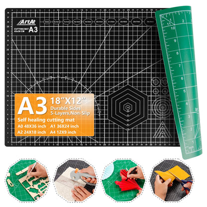 Self Healing Cutting Mat: 12inch x 18inch Double Sided 5-Ply Fabric Cutting Mat for Sewing, Quilting & Arts & Crafts - Gridded Rotary Cutting Board Mat in Green/Black.