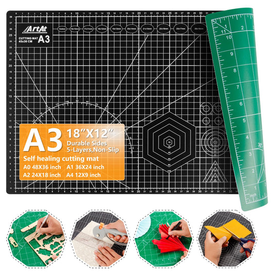 Self Healing Cutting Mat: 12inch x 18inch Double Sided 5-Ply Fabric Cutting Mat for Sewing, Quilting & Arts & Crafts - Gridded Rotary Cutting Board Mat in Green/Black.