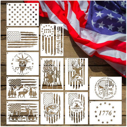 American Flag Stencil Star Stencils for Painting Union 50 Stars 1776 Military We The People Template for Flag Patriotic Wood Burning Stencils for Spray Paint on Shirt Project Crafts (12 Flag)