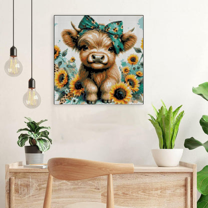 Cow Stamped Cross Stitch Kits for Adults Beginner, Sunflowers Counted Cross Stitch Kits Printed Stitching Cute Patterns Dimensions Needlepoint Art Crafts Embroidery Kits for Adults Beginners