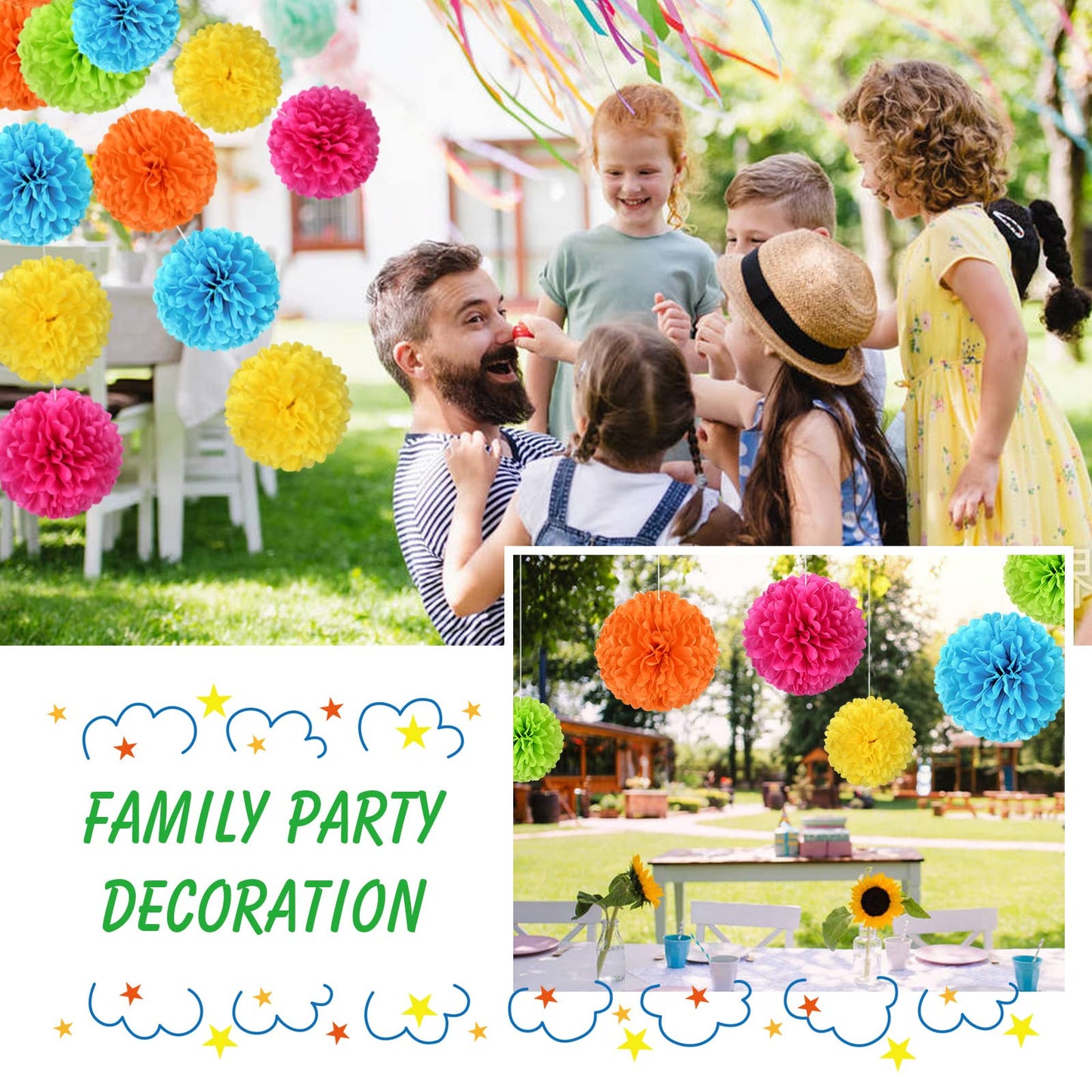 Tissue Pom Pom Paper Flower Ball Party Decorations - 15 Pcs 10, 12, 14 Inch -for Wedding, Birthday, Bridal Shower, Bachelorette, Baby Gift Shower