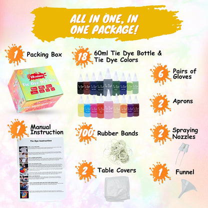 Tie Dye Kit for Kids & Adults - Complete DIY Tie Dye Set w/Tie Dye Powder in Tie Dye Refill Packets -Fun Kids Tie Dye Kit w/Nozzle Spray Tie Dye Kit for Fabric - Dye for Clothing (Pack of 18, 60 ml)