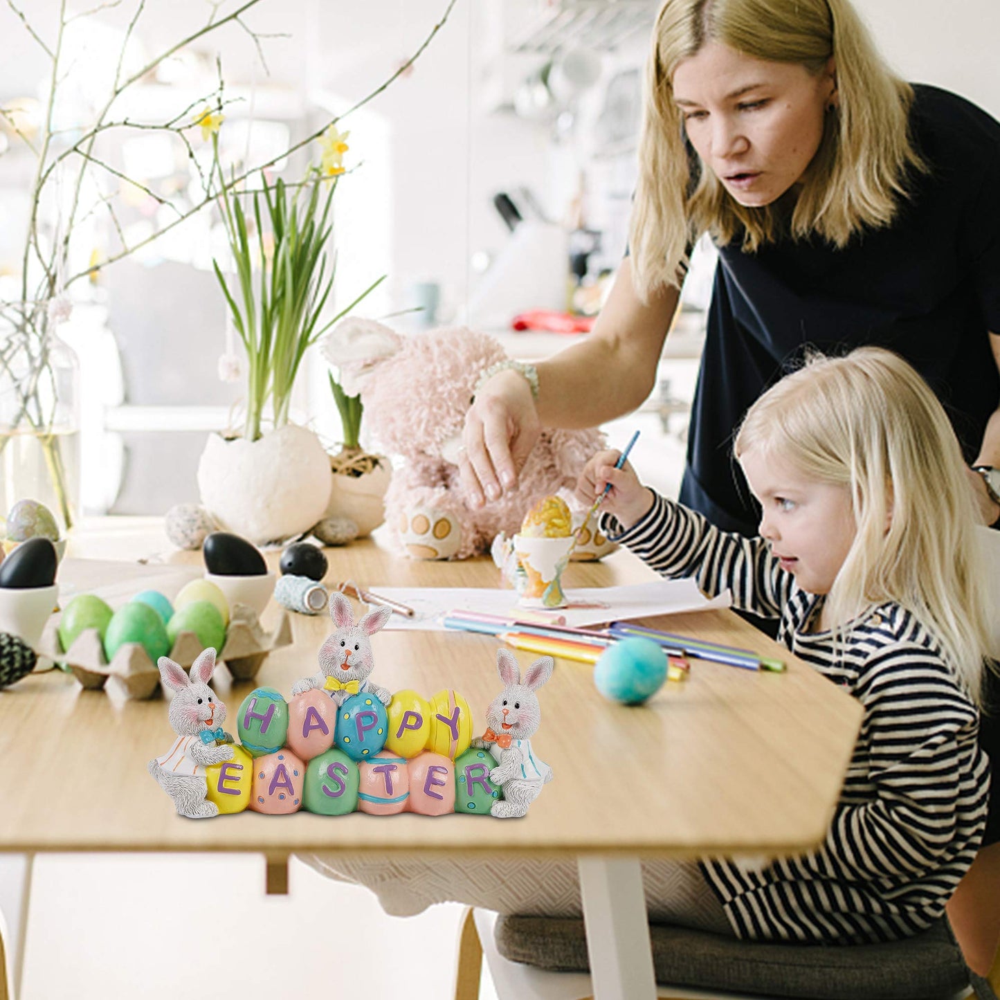 Easter Decorations Eggs Bunny, Hand-Painted Resin Tabletop Centerpiece, Decor Bunny Figurine for Home Room Table Office Party (Happy Easter)