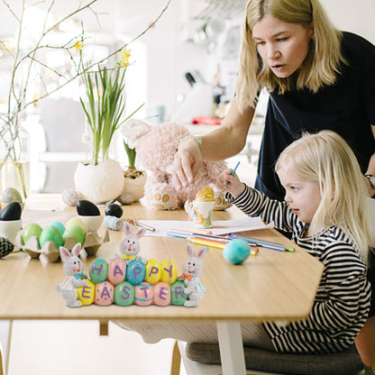 Easter Decorations Eggs Bunny, Hand-Painted Resin Tabletop Centerpiece, Decor Bunny Figurine for Home Room Table Office Party (Happy Easter)