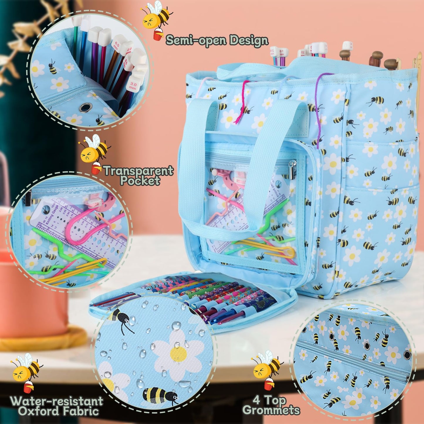 Portable Crochet Bag Organizer, Yarn Storage Organizers and Storage Organized for Crochet Hooks, Knitting Needles, Skeins of Yarn, Knitting & Crochet Supplies, Bees & Flowers (No Accessories)