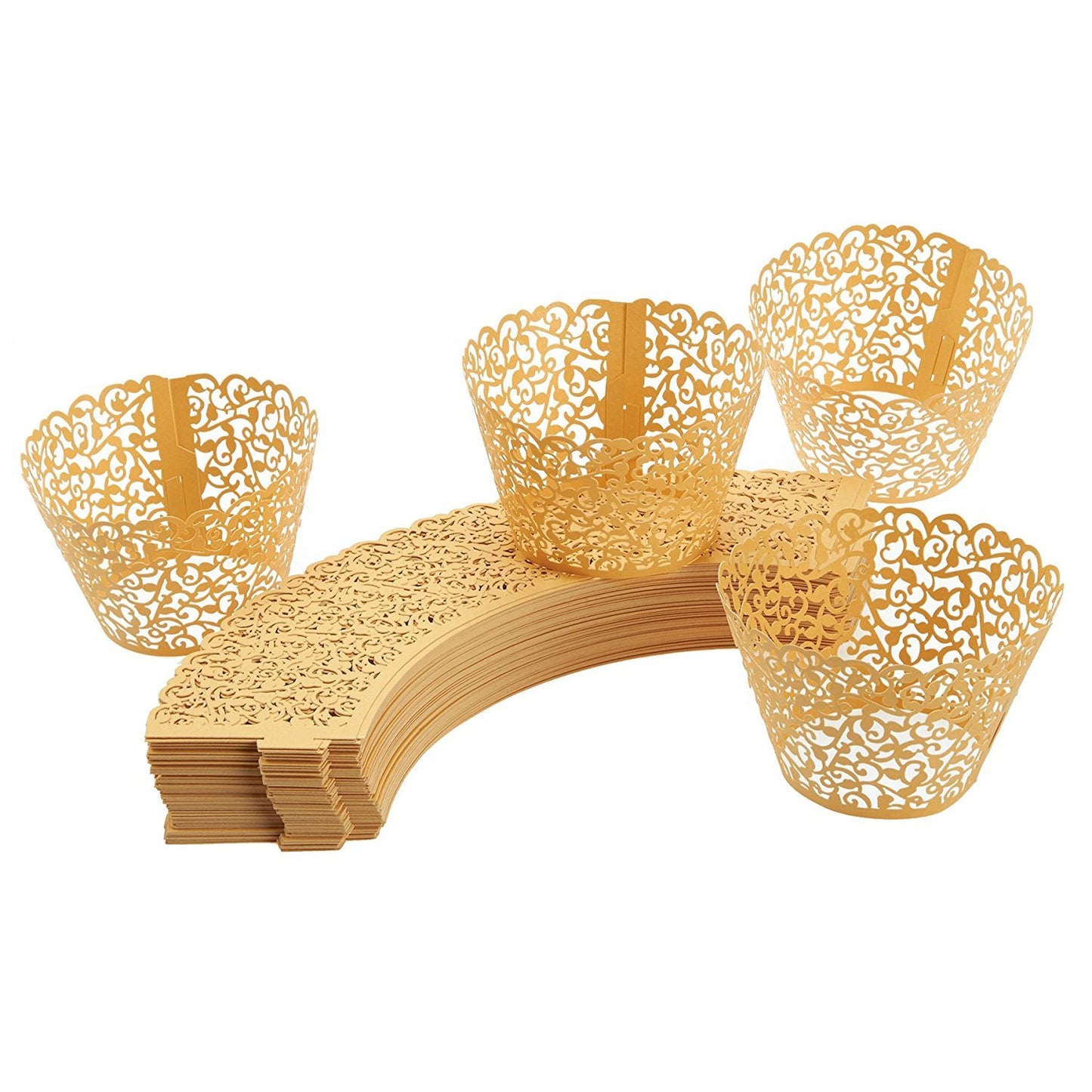 100pcs Cupcake Wrappers Artistic Bake Cake Paper Cups Little Vine Lace Laser Cut Liner Baking Cup Muffin Case Trays for Wedding Party Birthday Decoration (Gold)