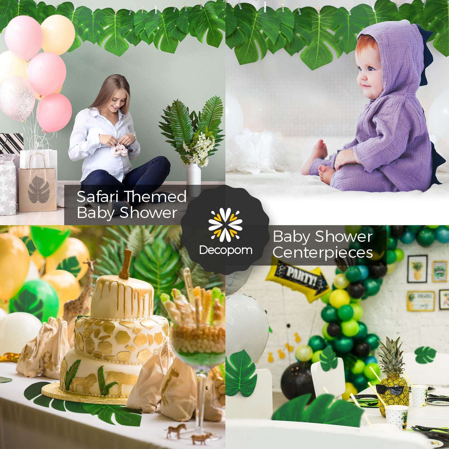 108 Pack Palm Leaves Artificial Tropical Monstera - 6 Kinds Large Small Green Fake Palm Leaf with Stems for Safari Jungle Hawaiian Luau Party Table Decoration Wedding Birthday Theme Party Decorations