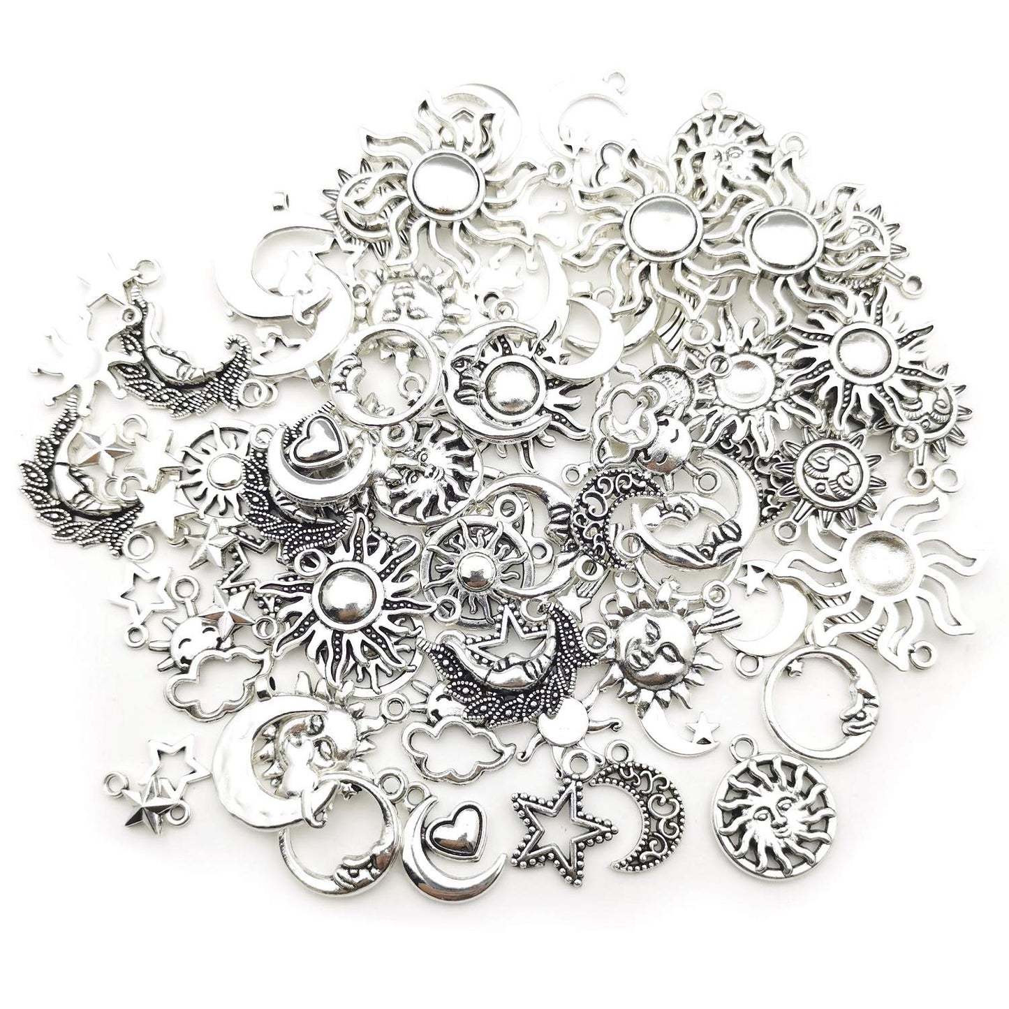 100g(80pcs) Craft Supplies Mixed Antique Silver Sun Moon Stars Charms Pendants for Crafting, Jewelry Findings Making Accessory for DIY Necklace Bracelet (M250)
