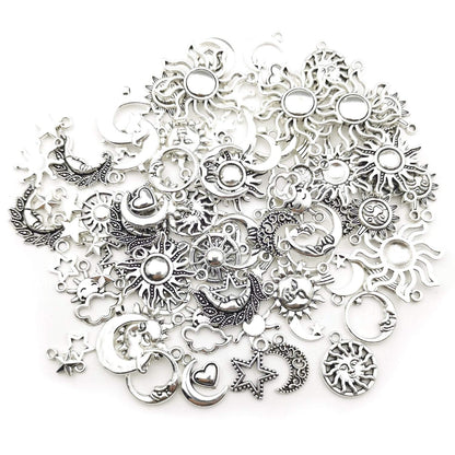100g(80pcs) Craft Supplies Mixed Antique Silver Sun Moon Stars Charms Pendants for Crafting, Jewelry Findings Making Accessory for DIY Necklace Bracelet (M250)