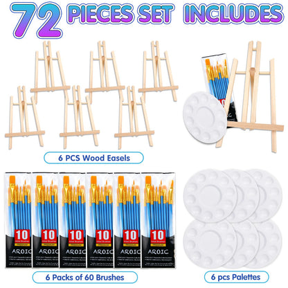 72 PCS Professional Painting Set with Easels, 6 PCS Wood Easels,6 Packs of 60 Brushes with Nylon Brush Head and 6 pcs Palettes, Painting Supplies kit for Kids & Adults to Painting Party.