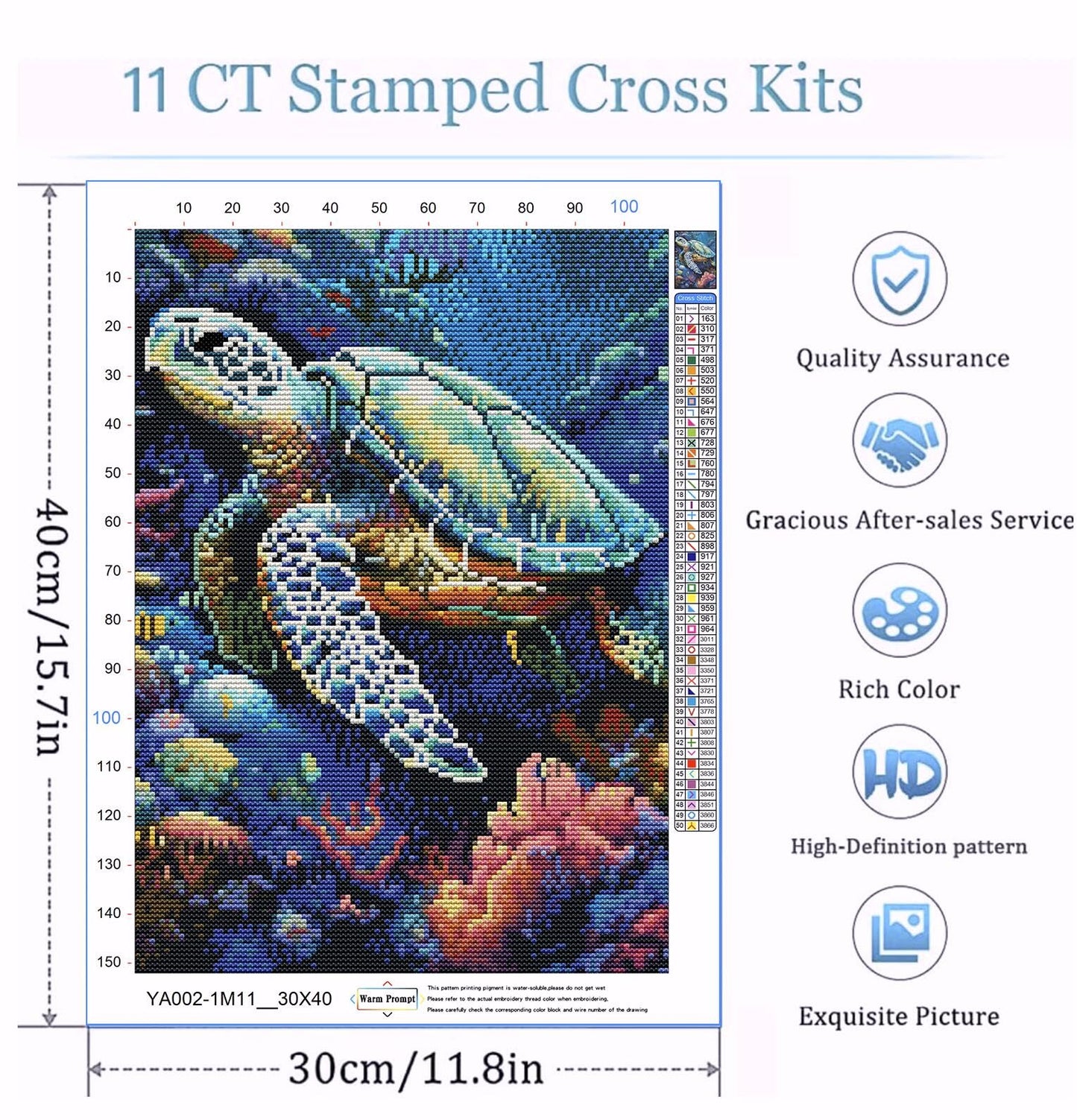 Cross Stitch Kits for Adults - Turtle Stamped Crossstitching Kits Preprinted 11 Count Cross-Stitch Kit for Beginner, 11CT Prestamped Easy Pattern Needlepoint Kits Crafts for Decor