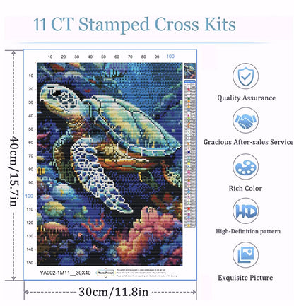 Cross Stitch Kits for Adults - Turtle Stamped Crossstitching Kits Preprinted 11 Count Cross-Stitch Kit for Beginner, 11CT Prestamped Easy Pattern Needlepoint Kits Crafts for Decor