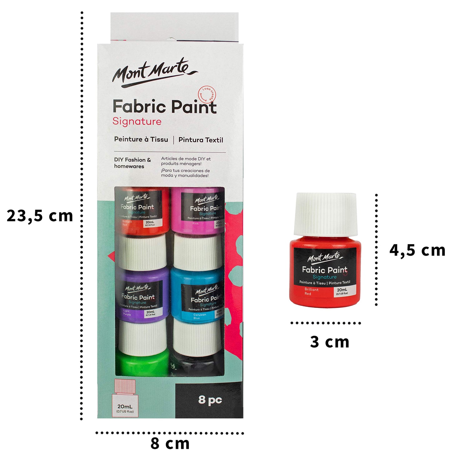 Permanent Fabric Paint Set 8 x 20ml Vivid Colours for Textile, Fabric, T-Shirt, Canvas, Wood, Ceramic, Glass