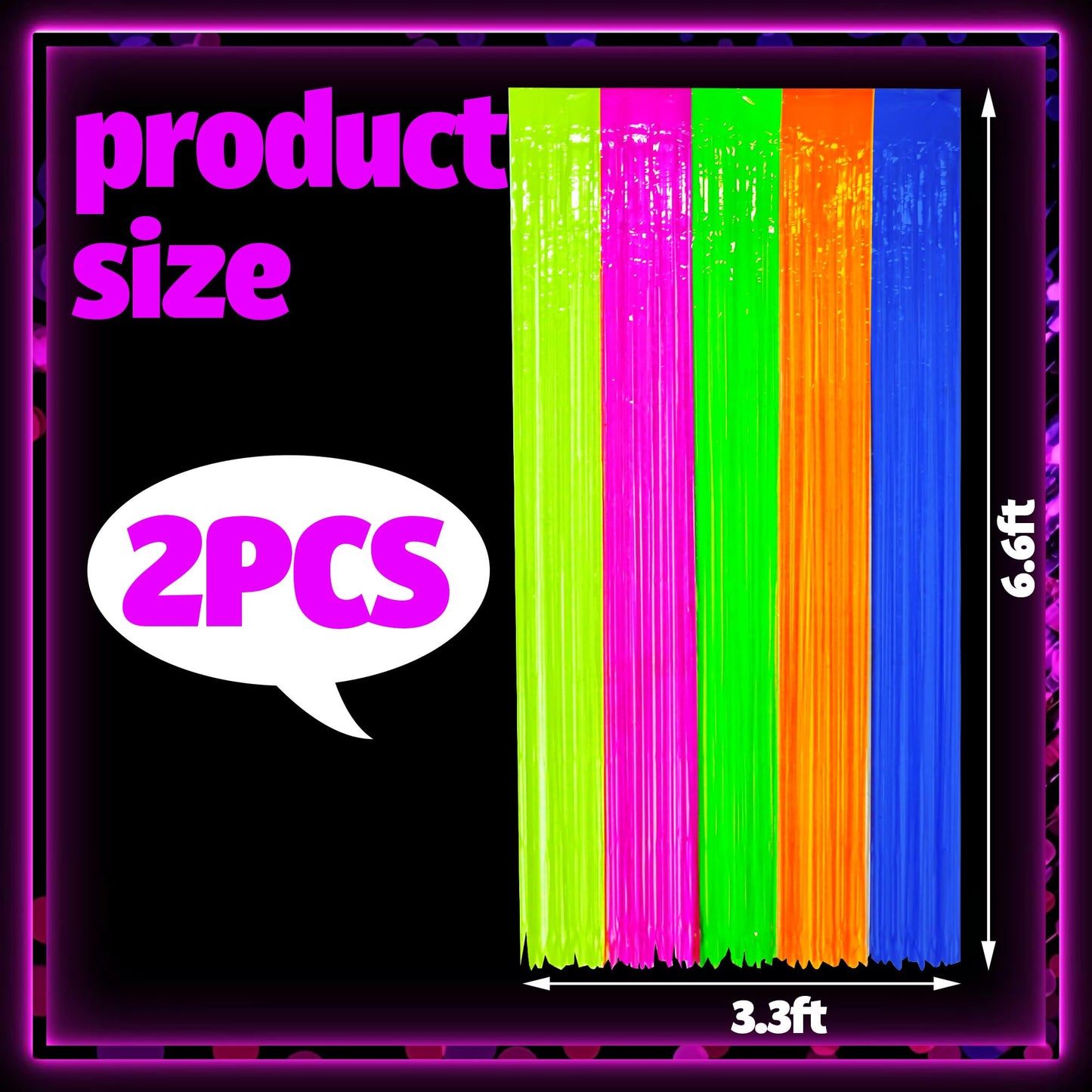 2 Pack Neon Foil Fringe Curtains Glow in The Dark Tinsel Streamers Fluorescent Macaron Foil Fringe Backdrop Neon Party Photo Booth Prop for Glow Birthday Wedding Blacklight Party Decor, 3.3 x 6.6 Ft