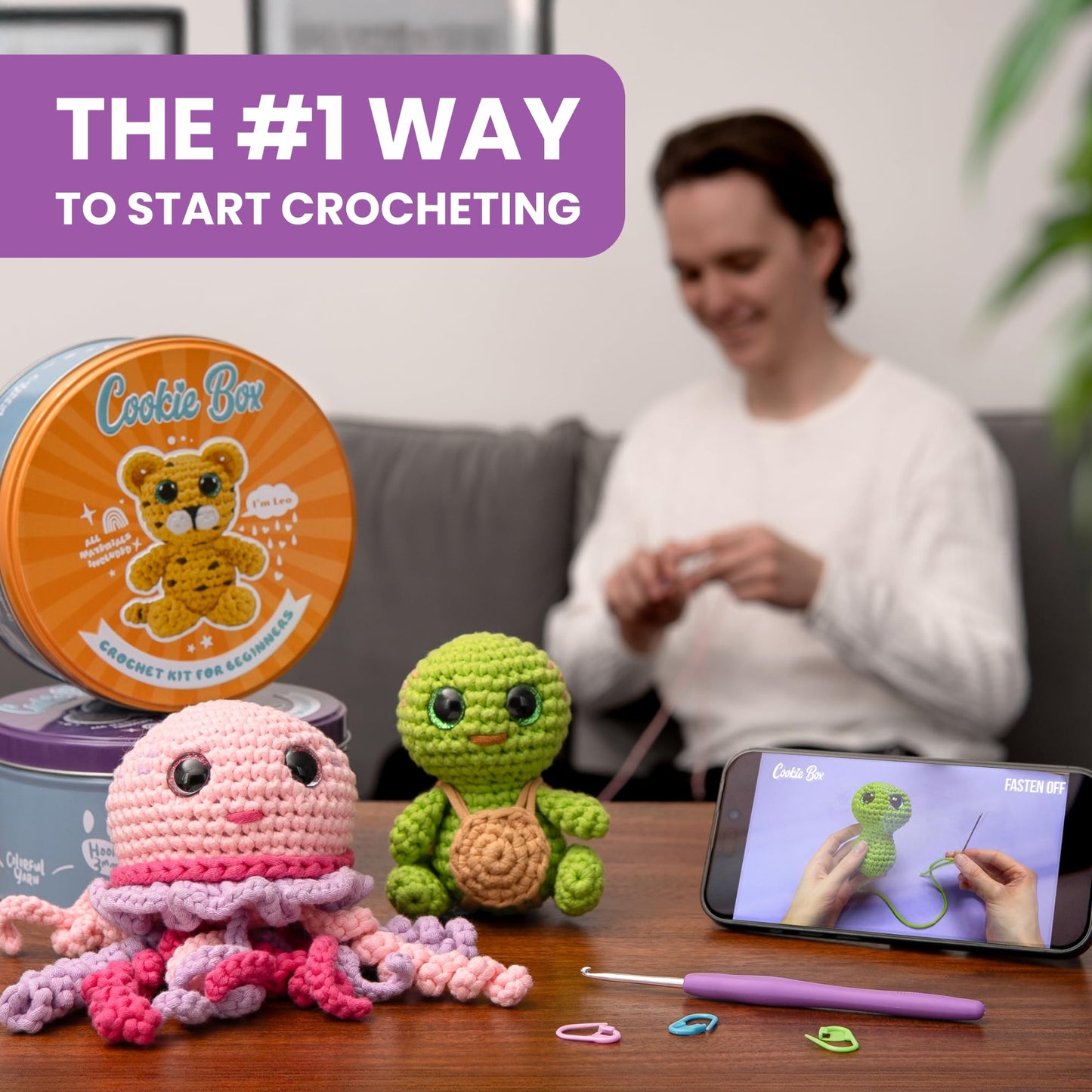 Crochet Kit for Beginners - Learn to Craft Amigurumi Stuffed Animals - Knitting Gift for Kids (13+) and Adults - Beginner-Friendly Yarn - Stitch-by-Stitch Video Tutorial - Turtle Hugo