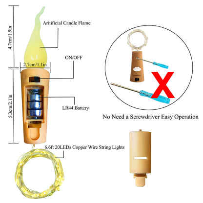 Wine Bottle Lights with Candle Flame, 10 Pack 20 LED Flameless Cork String Light Battery Operated Copper Wire Mini Fairy Starry Lights for Party Wedding Christmas Halloween