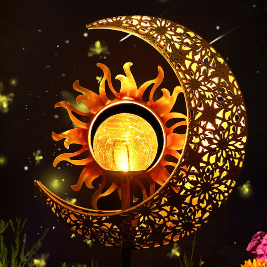 Garden Solar Lights Outdoor Decorative, Sun & Moon Crackle Glass Globe Metal Stake Light, Waterproof Warm White LED Light, Decorations for Pathway Lawn Patio Courtyard Backyard (1 Pack)