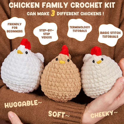 Crochet Kit for Beginners, Crochet Starter Kits for Adults Amigurumi Craft Knitting Crochet Animals Kits with Step-by-Step Video Tutorials, 3 Pcs Chicken (40%+ Yarn)