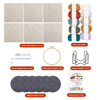 Punch Needle Coasters Kit, Punch Needle Embroidery Kits for Adults and Beginners - Including Patterns, Tools, Yarns, Hoop, Instruction, Coaster Holder Art Craft Supplies - Landscape