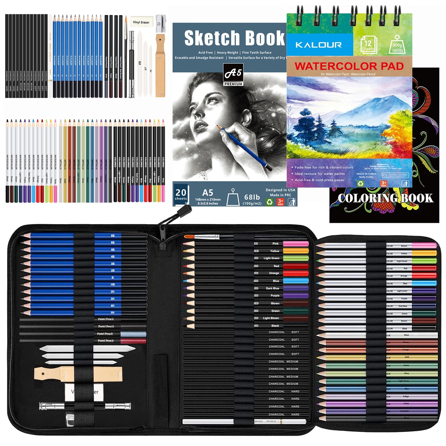 76pc Art Supply Set - Sketching & Drawing Kit with Tutorial Book, Sketchbook & Paper - Pencils, Pastels, Watercolors for Beginner Artists