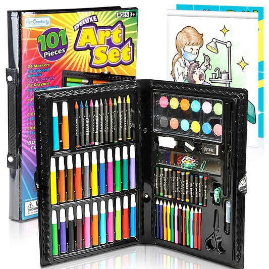 Deluxe Art Set For Kids - Ideal Beginner Artist Kit Includes 101 Pieces - Watercolor, Crayons, Colored Markers, Color Pencils and More & Bonus Coloring Book