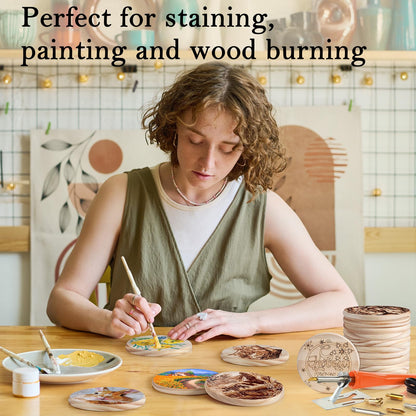 12 Pieces Unfinished Wood Coasters, GOH DODD 4 Inch Wooden Slices Blanks Bulk Set with Foot Pads for Drinks Crafts Laser Engraving Wood Burning Staining Painting Decoupage Wedding Halloween, Round