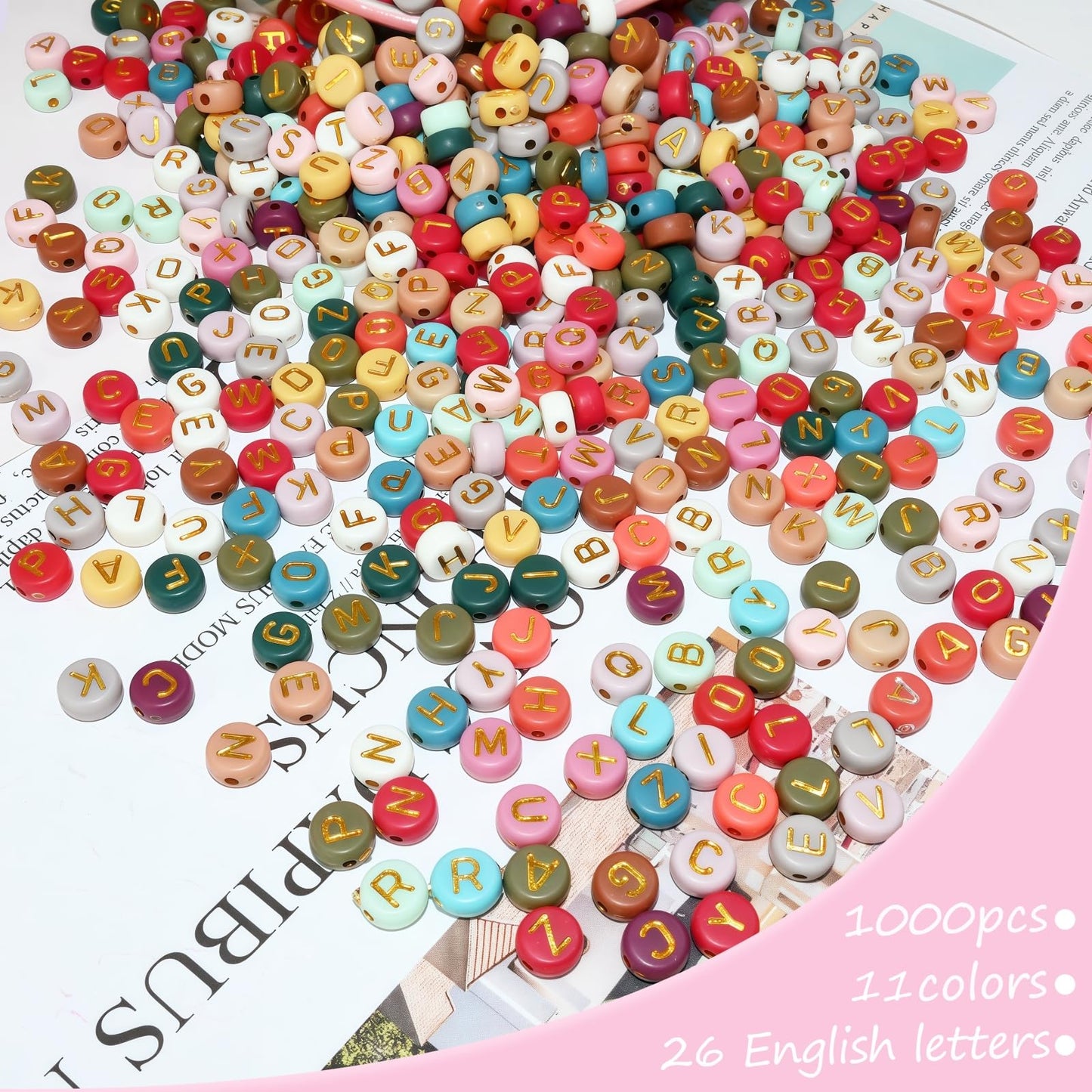 1000pcs 4x7mm Round Letter Beads Colorful Acrylic with Gold Letter Alphabet for Jewelry Making