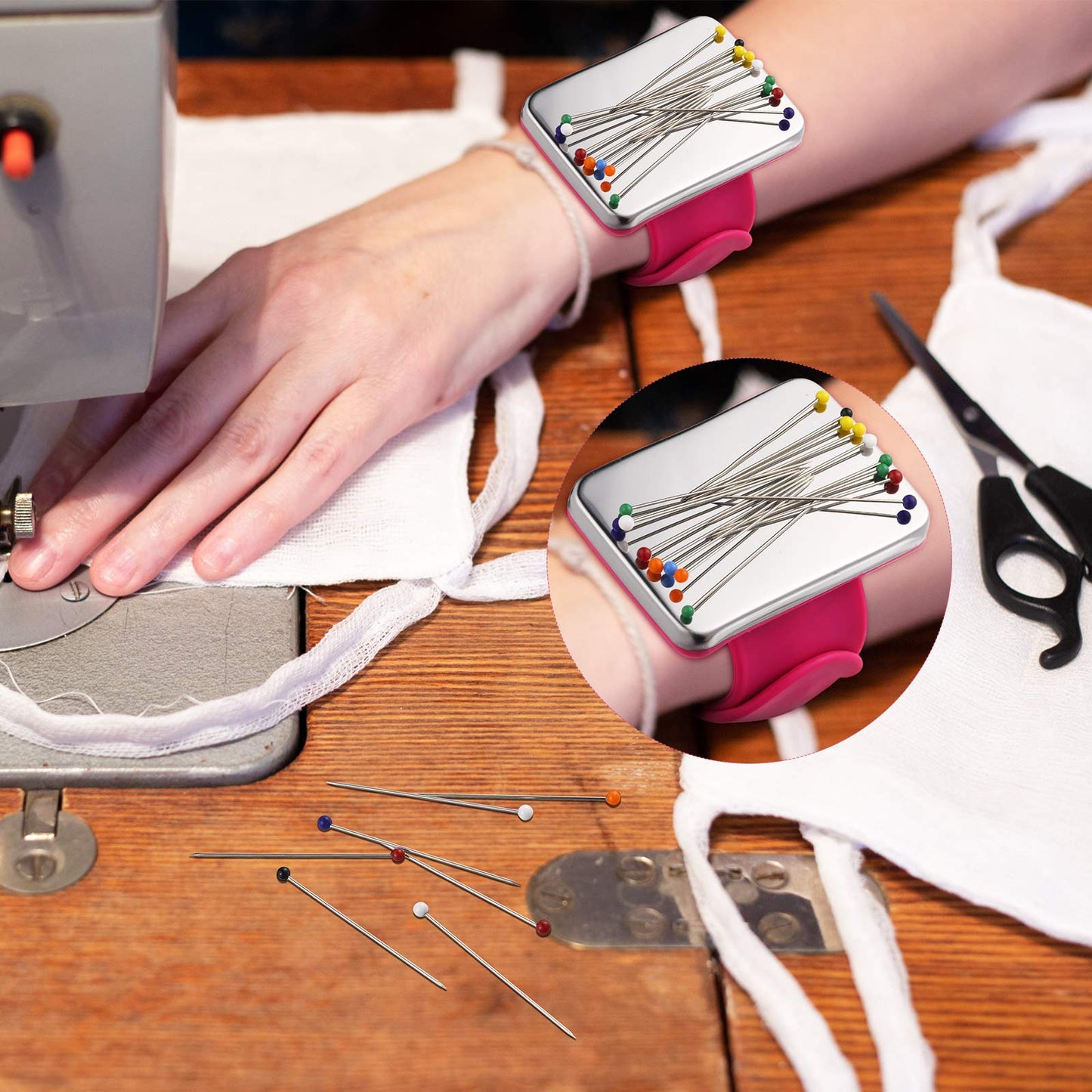 Magnetic Wrist Sewing Pincushion with 100 Pieces 1.5 Inch Ball Head Sewing Pins Set Wrist Magnetic Pin Holder Gift Supplies(Rose Red)