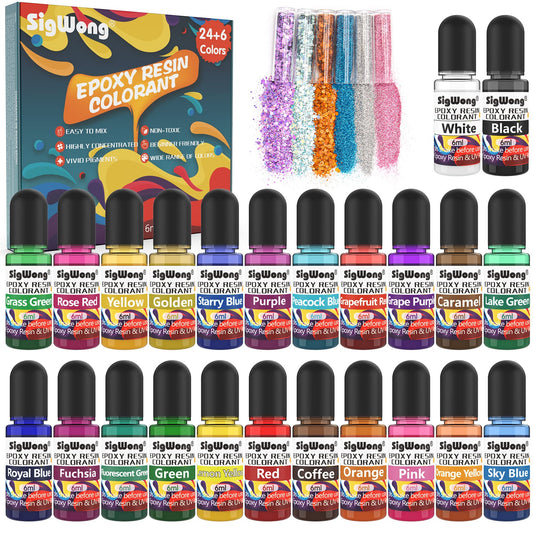 24 Colors Liquid Translucent Dye, Highly Concentrated for DIY Jewelry Making, Paint, Craft - 6ml Each, with 6 Colors Resin Glitter