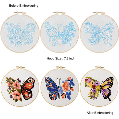 3 Sets Butterfly Embroidery Kit for Beginners Adults, Stamped Cross Stitch Kits for Beginners Include Embroidery Fabric Embroidery Hoop Threads and Needles