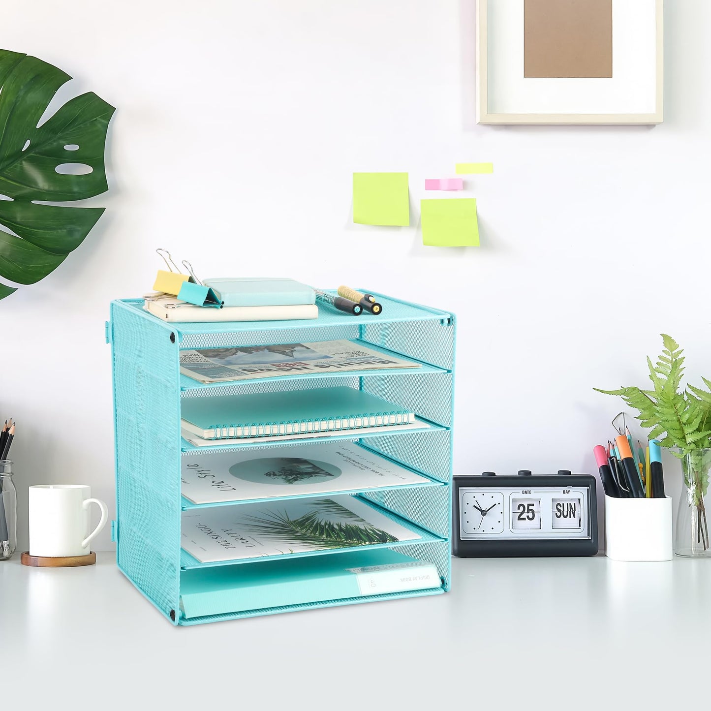 5 Slot Mesh Desk Organizer Tray, File Paper Letter Folder Holder Desktop Paper Sorter Mail Organization Rack Storage Accessories, for Office Home School Classroom, Blue