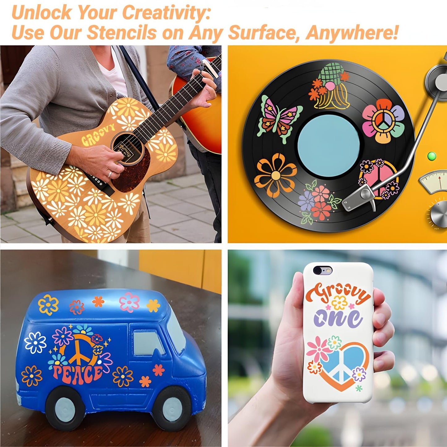 Stencils for Painting, Hippie Style Stencils for Crafts Reusable, 3 Inch Plastic Stencils for Painting on Wood Wall Canvas Fabric, Small Stencils for DIY Project & Home Decor