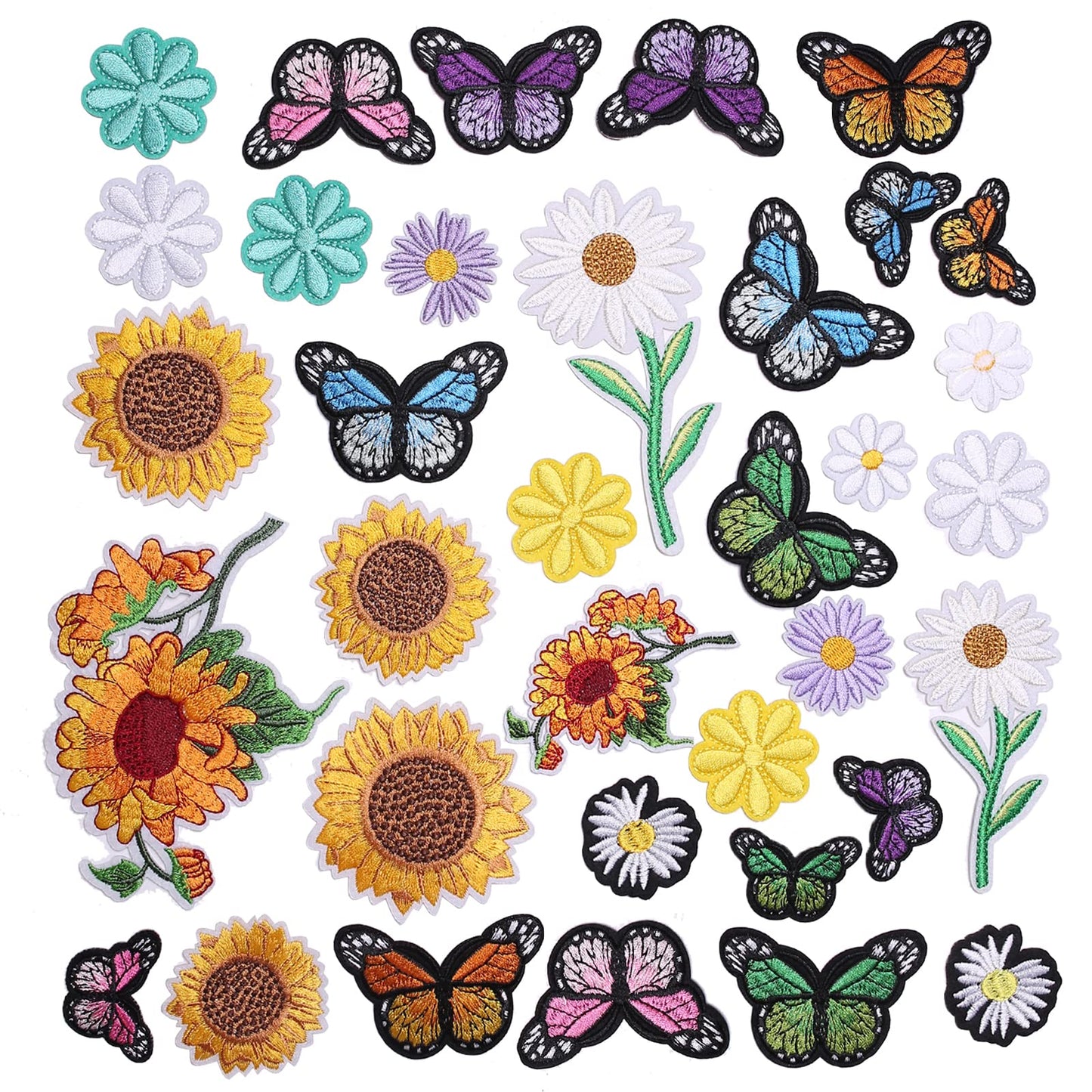 35 Pieces Embroidered Iron on Patch, Sunflowers Butterfly Daisy Flower Iron on Patches Set, Sew On/Iron on Patch Applique for Clothes, Dress, Hat, Jeans, DIY Accessories