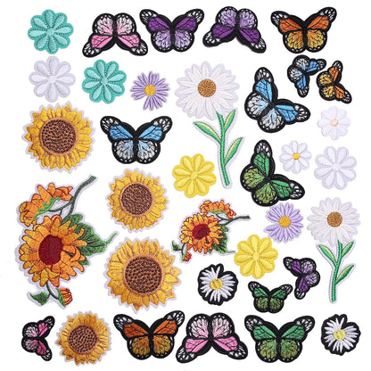 35 Pieces Embroidered Iron on Patch, Sunflowers Butterfly Daisy Flower Iron on Patches Set, Sew On/Iron on Patch Applique for Clothes, Dress, Hat, Jeans, DIY Accessories