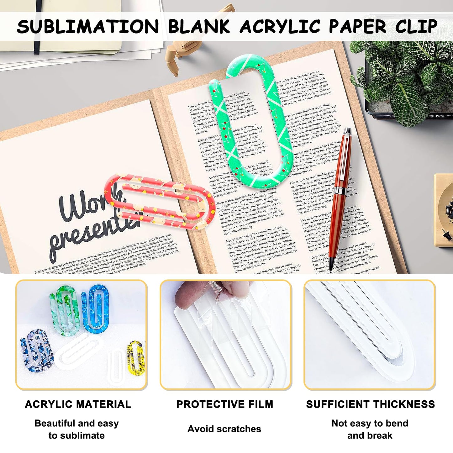 10 Pack Sublimation Blanks Acrylic Paper Clips, 4" x 2" Jumbo Paper Clips Clear for Heat Transfer DIY Design, School Classroom Stationery Office, Home Gift Crafts Supplies