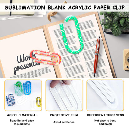 10 Pack Sublimation Blanks Acrylic Paper Clips, 4" x 2" Jumbo Paper Clips Clear for Heat Transfer DIY Design, School Classroom Stationery Office, Home Gift Crafts Supplies