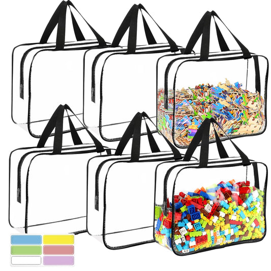 6 Packs Large Toy Storage Bags with Labels, Reusable Clear PVC Board Game Storage, Travel Waterproof Organizer Bags with Zipper for Building Blocks, Puzzle, Kids Books