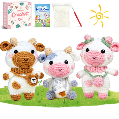 Crochet Kit for Beginners, Crochet Starter Kits for Adults w Step-by-Step Video Tutorials, Amigurumi Craft DIY Knitting Supplies, Crocheting Animals Kits, 3 Pcs Cow (40%+ Yarn)