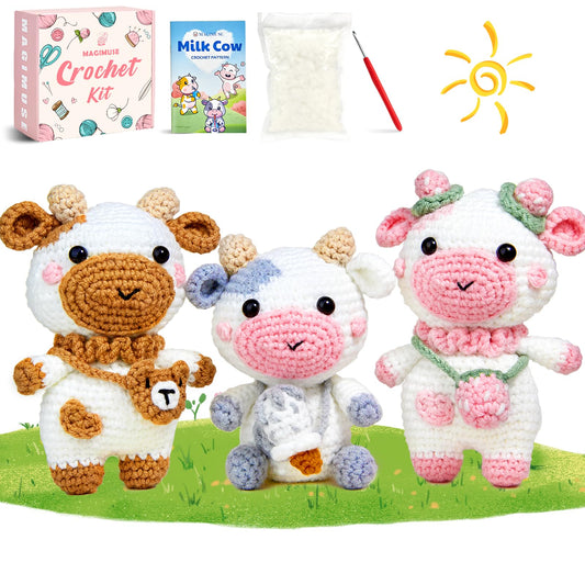 Crochet Kit for Beginners, Crochet Starter Kits for Adults w Step-by-Step Video Tutorials, Amigurumi Craft DIY Knitting Supplies, Crocheting Animals Kits, 3 Pcs Cow (40%+ Yarn)